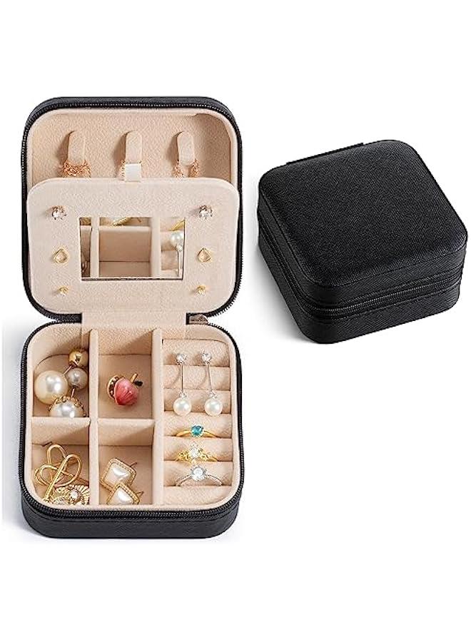 عربست علبة مجوهرات صغيرة للسفر، صندوق مجوهرات محمول، منظم مجوهرات للسفر، حامل تخزين مجوهرات محمول للخواتم والأقراط والعقود، هدايا للفتيات والنساء مع مرآة - أسود - Image 1