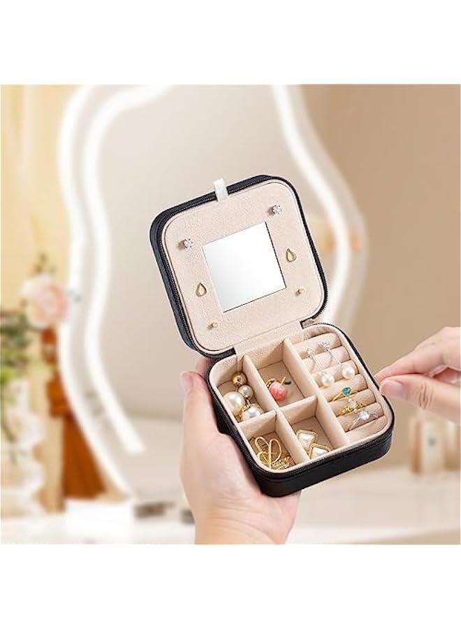عربست علبة مجوهرات صغيرة للسفر، صندوق مجوهرات محمول، منظم مجوهرات للسفر، حامل تخزين مجوهرات محمول للخواتم والأقراط والعقود، هدايا للفتيات والنساء مع مرآة - أسود - Image 2