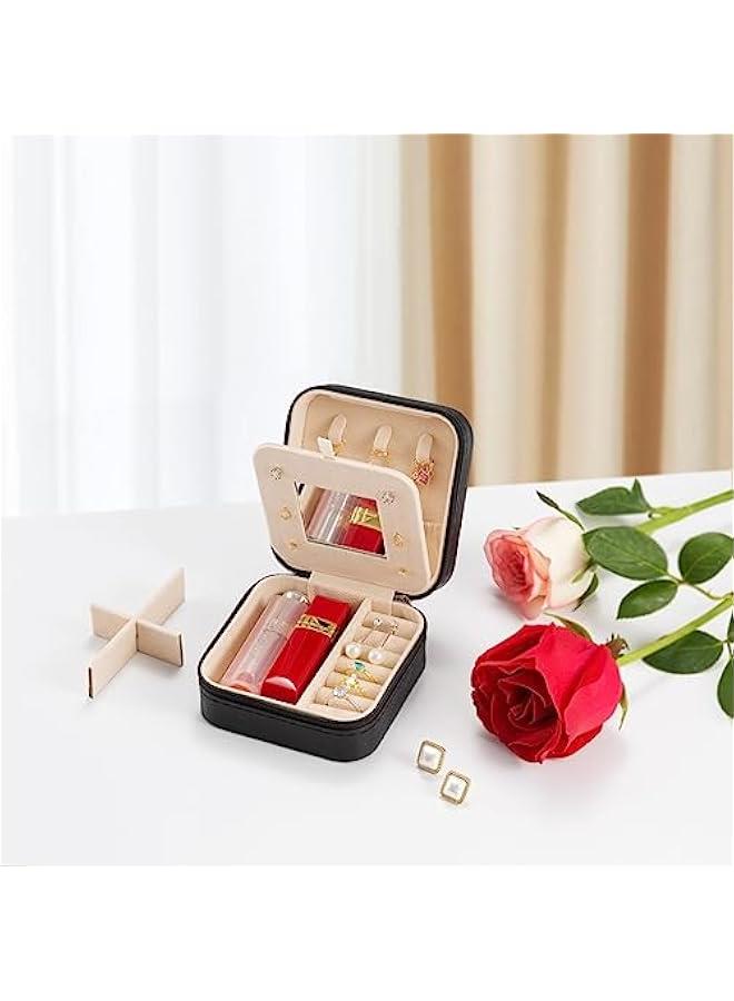 عربست علبة مجوهرات صغيرة للسفر، صندوق مجوهرات محمول، منظم مجوهرات للسفر، حامل تخزين مجوهرات محمول للخواتم والأقراط والعقود، هدايا للفتيات والنساء مع مرآة - أسود - Image 4