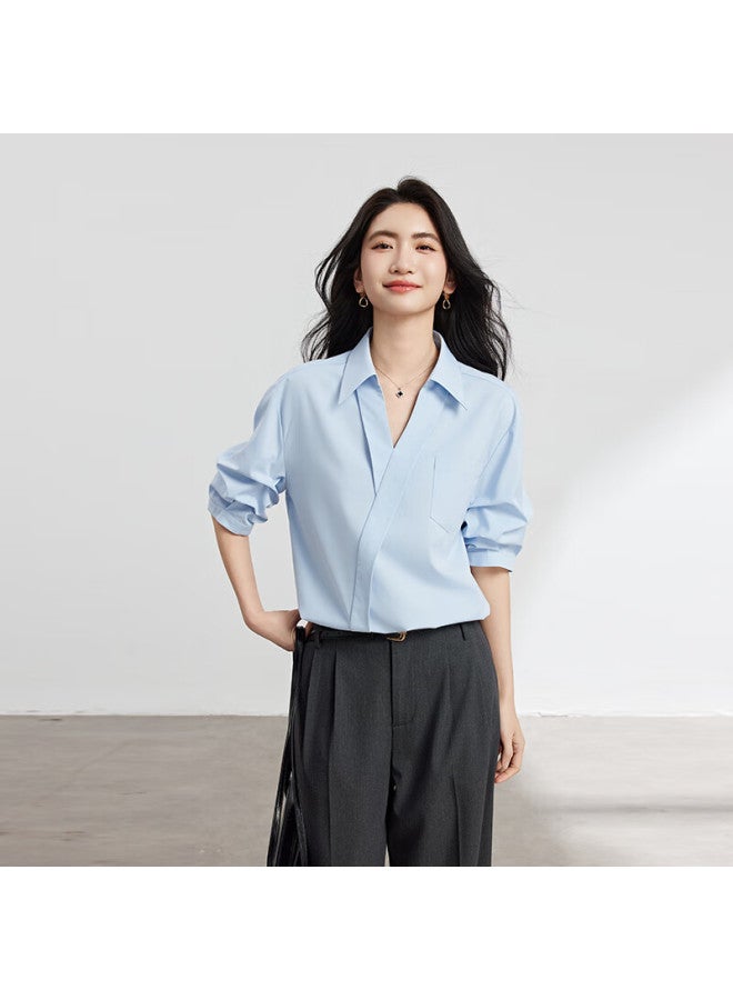 Lady Bird Miss Bird White Minimalist V-neck Shirt Women Summer Commuter Daily Short Sleeve Top Professional Pee Interview Shirt - Image 2