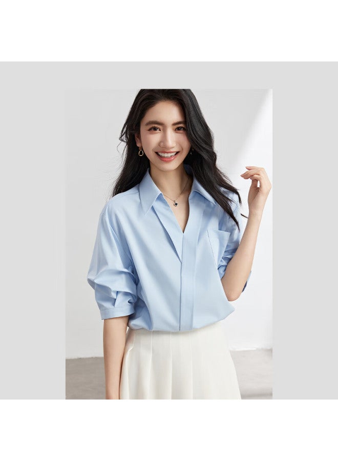Lady Bird Miss Bird White Minimalist V-neck Shirt Women Summer Commuter Daily Short Sleeve Top Professional Pee Interview Shirt - Image 4