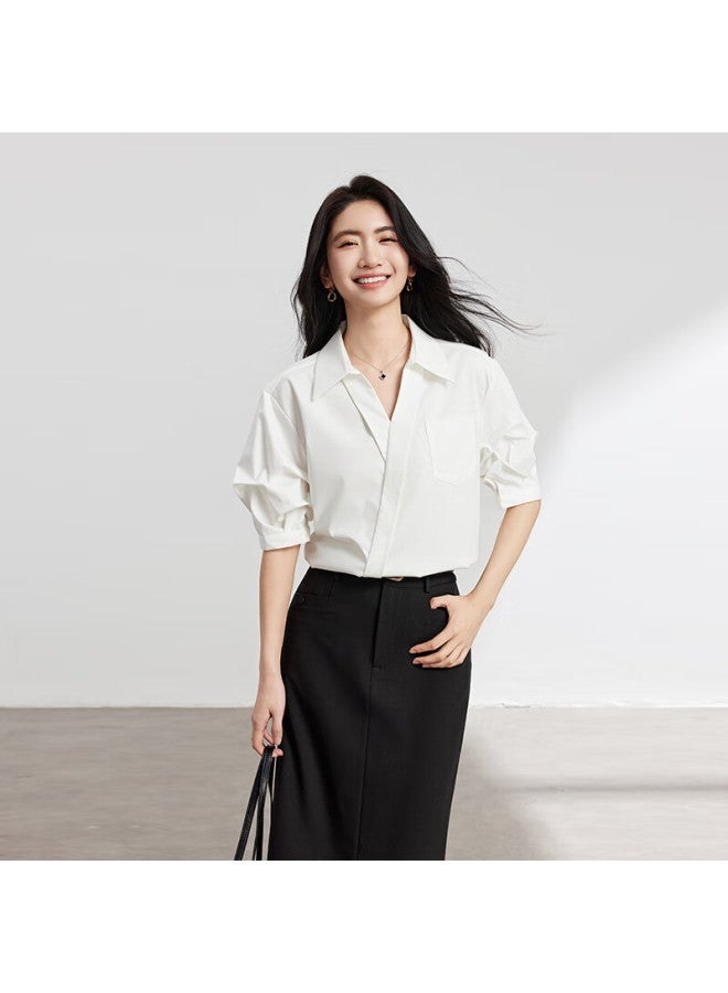 Lady Bird Miss Bird White Minimalist V-neck Shirt Women Summer Commuter Daily Short Sleeve Top Professional Pee Interview Shirt - Image 1