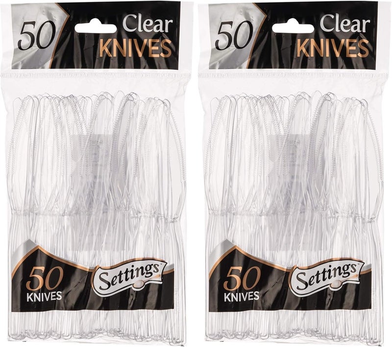 Settings [100 Count] Plastic Clear Knives, Heavyweight Disposable Cutlery, Great For Home, Office, School, Party, Picnics, Restaurant, Take-out Fast Food, Outdoor Events, Or Every Day Use, 2 Bags - Image 1