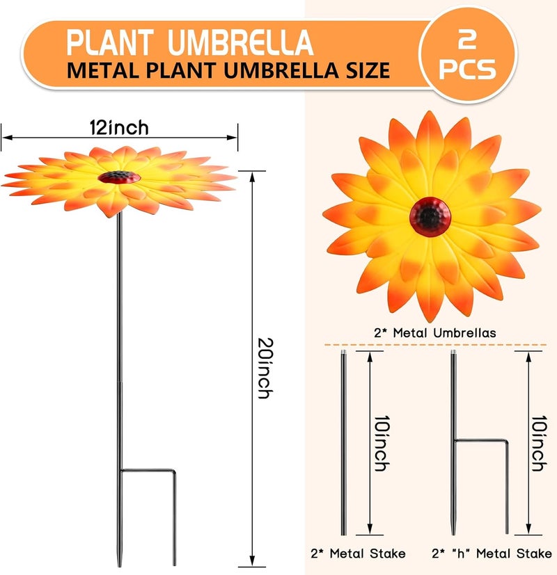 Axcoix 2 Pack Metal Plant Umbrellas for Outdoor Plants, 12" Realistic Flower Design Garden Plant Umbrella Shade, Decorative Sun Shade Disk for Plants, Potted Plants, Garden Beds - Image 2