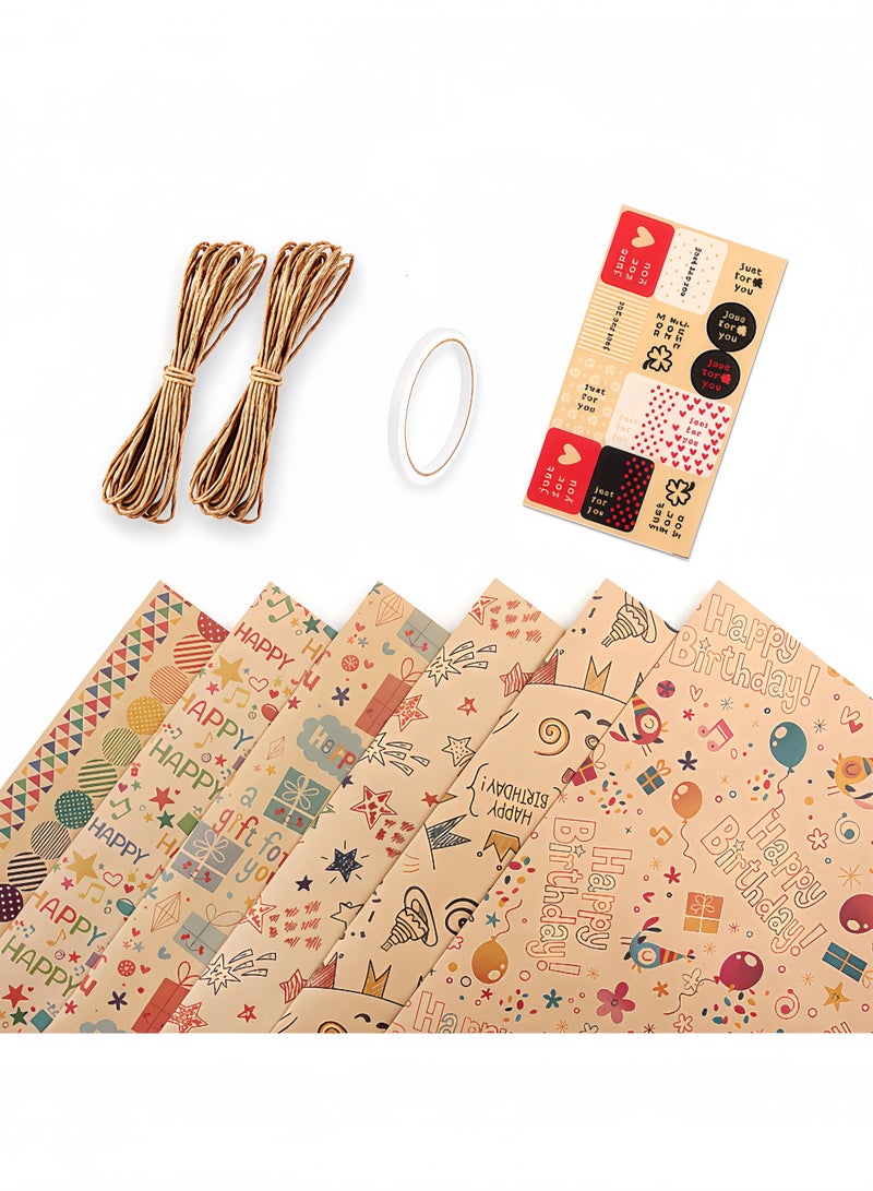 Peachjoy 6-Piece Gift Wrapping Paper Roll with Matching Gift Tags and Decorative Rope, Kraft Brown Gift Wrapping Paper for Birthday, Holiday, Wedding, Party, Kids Gift Wrapping (70cmX50cm)  - Image 1