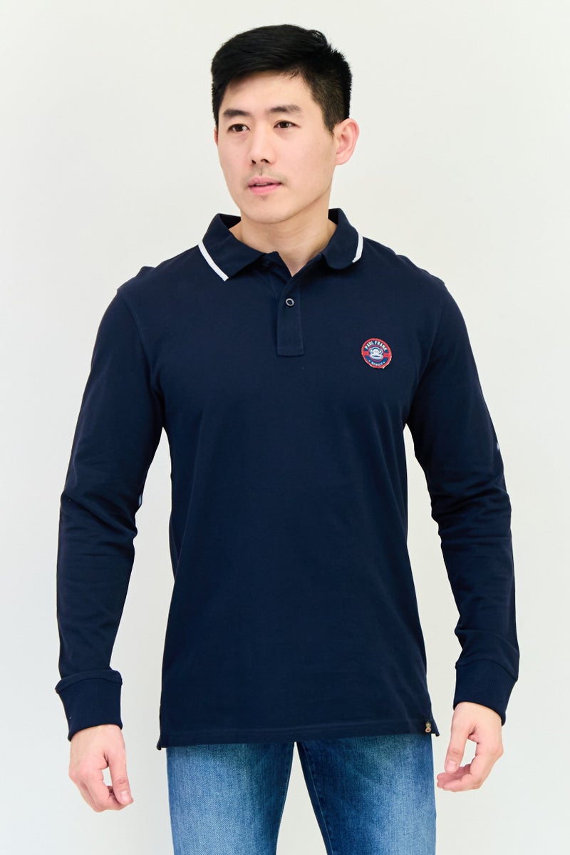 Paul Frank Men Regular Fit Graphic Print Long Sleeve Polo Shirt, Navy - Image 1