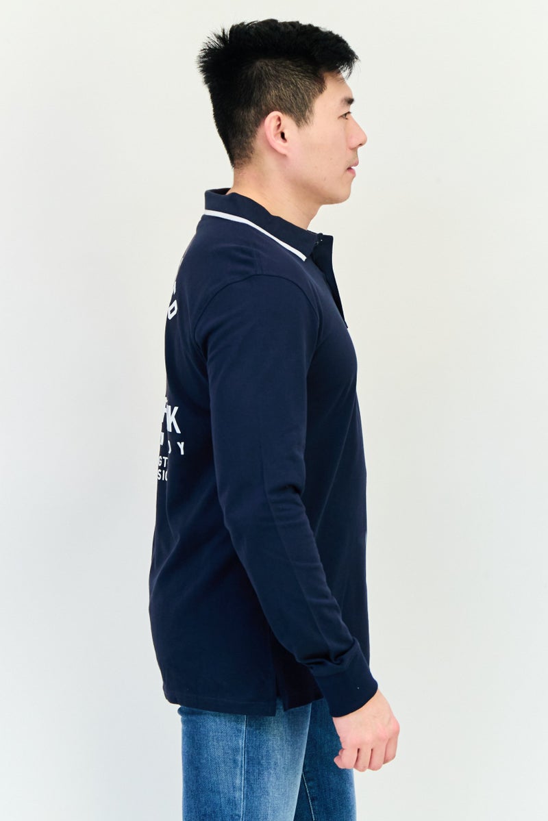 Paul Frank Men Regular Fit Graphic Print Long Sleeve Polo Shirt, Navy - Image 4