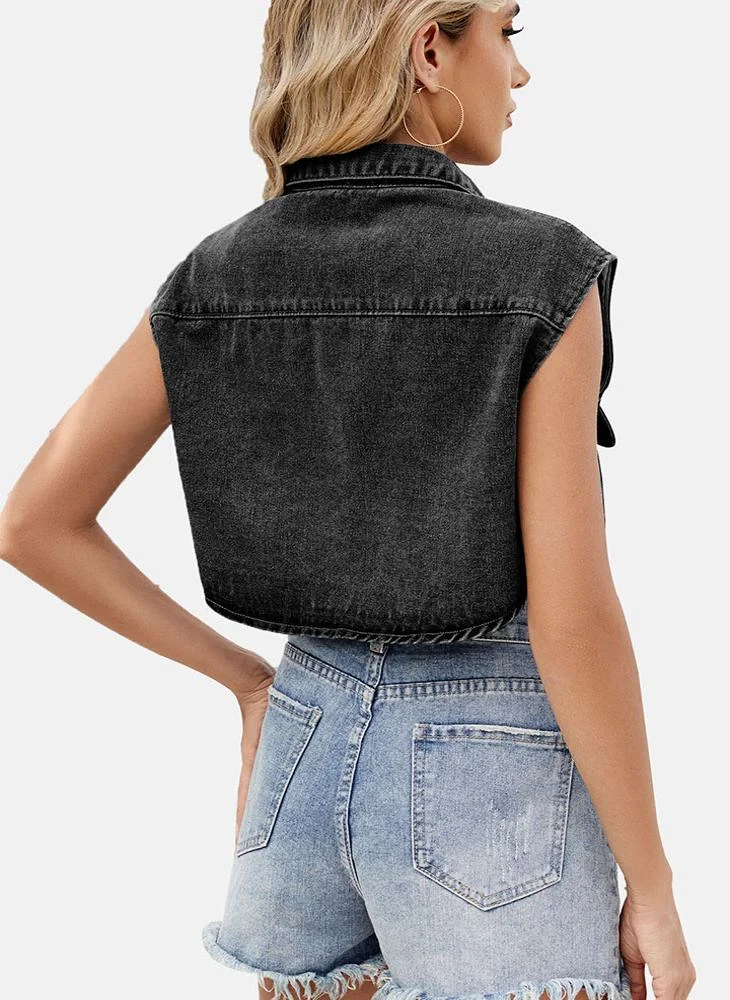 YUNIQEE Grey Plain Regular Fit Sleeveless Denim Jacket