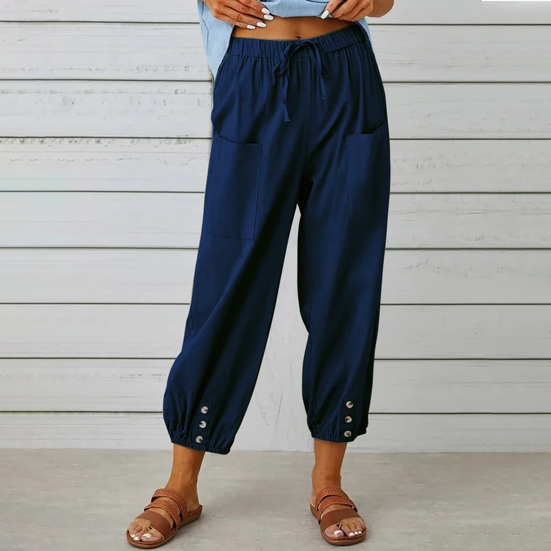 Barbora Linen Casual Trousers with Elastic Waist and Lacing LN15LACIVERT6