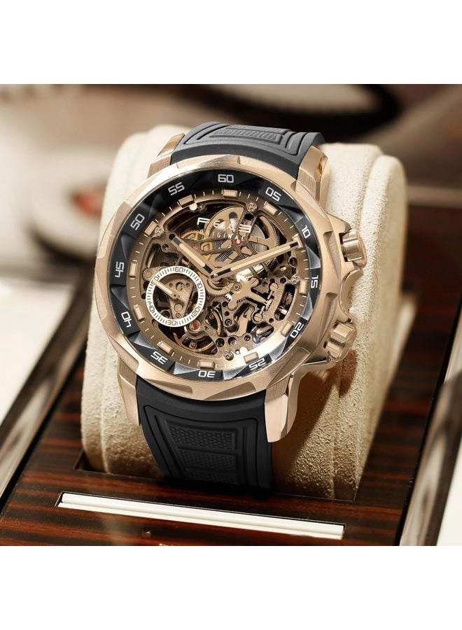 FEICE Watches for Men Automatic Skeleton Watch Waterproof Sapphire Crystal 5ATM Waterproof Wristwatch Anti Shock Luminous Display Business Wristwatch Silicone Strap, FM511, Black - Image 3