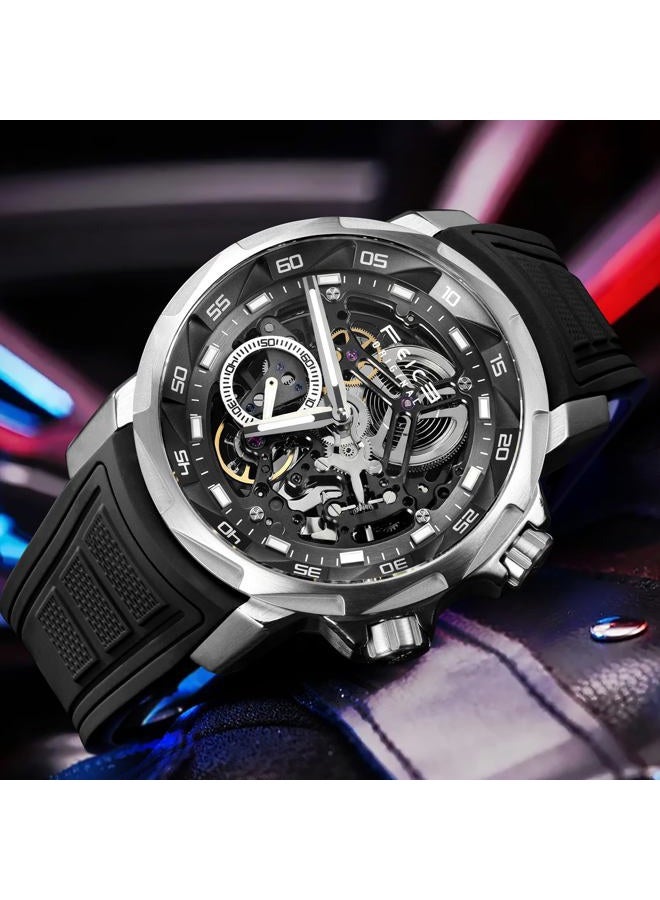FEICE Watches for Men Automatic Skeleton Watch Waterproof Sapphire Crystal 5ATM Waterproof Wristwatch Anti Shock Luminous Display Business Wristwatch Silicone Strap, FM511, Black - Image 2