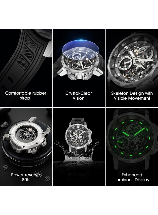 FEICE Watches for Men Automatic Skeleton Watch Waterproof Sapphire Crystal 5ATM Waterproof Wristwatch Anti Shock Luminous Display Business Wristwatch Silicone Strap, FM511, Black - Image 4
