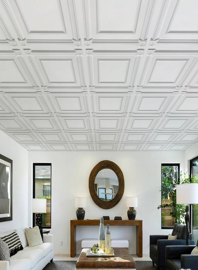 LEVOWAY 12-Pack PVC Drop Ceiling Tiles, 24 x 24in White 2'x2' Glue Up Ceiling Panel Cover 48 Sq.Ft - Image 2