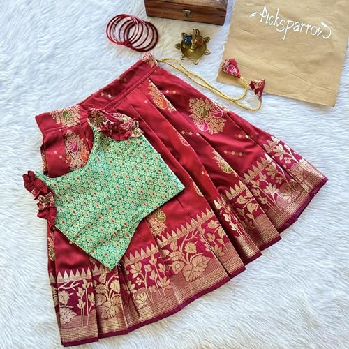Picksparrow Baby Girl Pattu pavadai/Silk Lehenga Choli/Festive Indian wear (Green-Red Ruffles) (Red, 6-12 Months) - Image 2