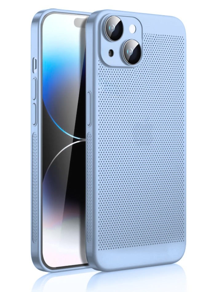 Heat Dissipation Case with Built in Camera Lens Protector Slim Fit Breathable Cooling Anti Fingerprint Hard PC Back ShockproofÂ Cover For Iphone 13 (Light Blue)