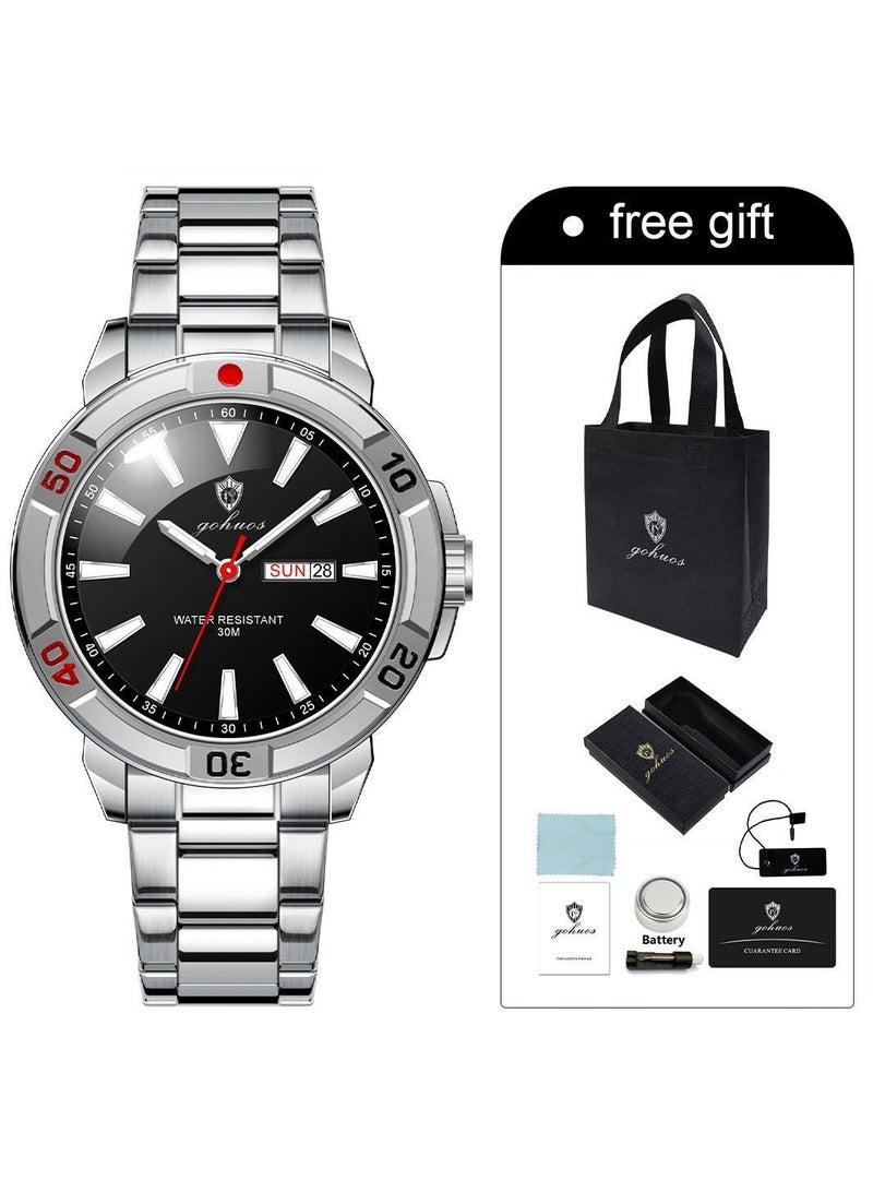 جوهوس ساعة كوارتز رجالية، ساعة يد كلاسيكية فاخرة من ماركة رائدة، مصنوعة من الفولاذ المقاوم للصدأ، مزودة بشريط، تعرض التاريخ واليوم، مضيئة، مقاومة للماء - 43 مم - هدية للأب أو الصديق - Image 2
