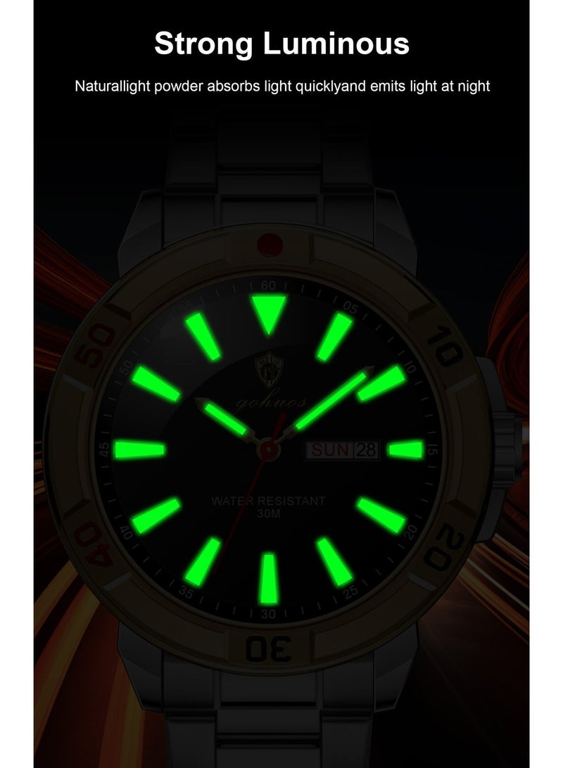 جوهوس ساعة كوارتز رجالية، ساعة يد كلاسيكية فاخرة من ماركة رائدة، مصنوعة من الفولاذ المقاوم للصدأ، مزودة بشريط، تعرض التاريخ واليوم، مضيئة، مقاومة للماء - 43 مم - هدية للأب أو الصديق - Image 4