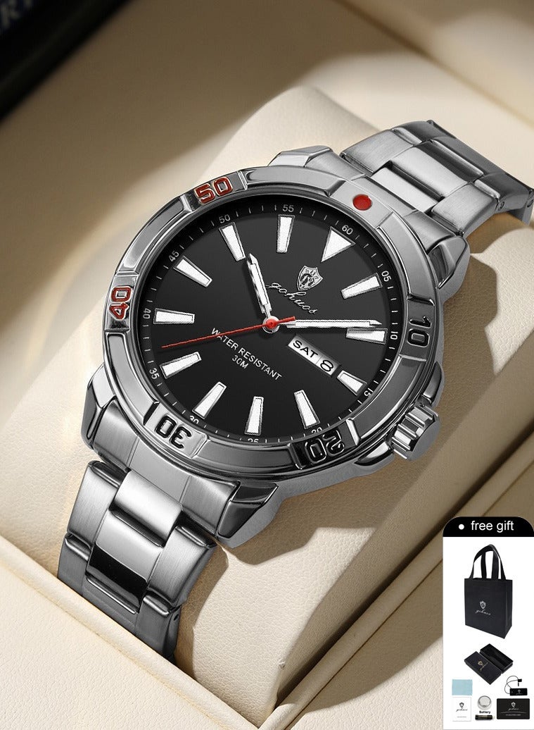 جوهوس ساعة كوارتز رجالية، ساعة يد كلاسيكية فاخرة من ماركة رائدة، مصنوعة من الفولاذ المقاوم للصدأ، مزودة بشريط، تعرض التاريخ واليوم، مضيئة، مقاومة للماء - 43 مم - هدية للأب أو الصديق - Image 1