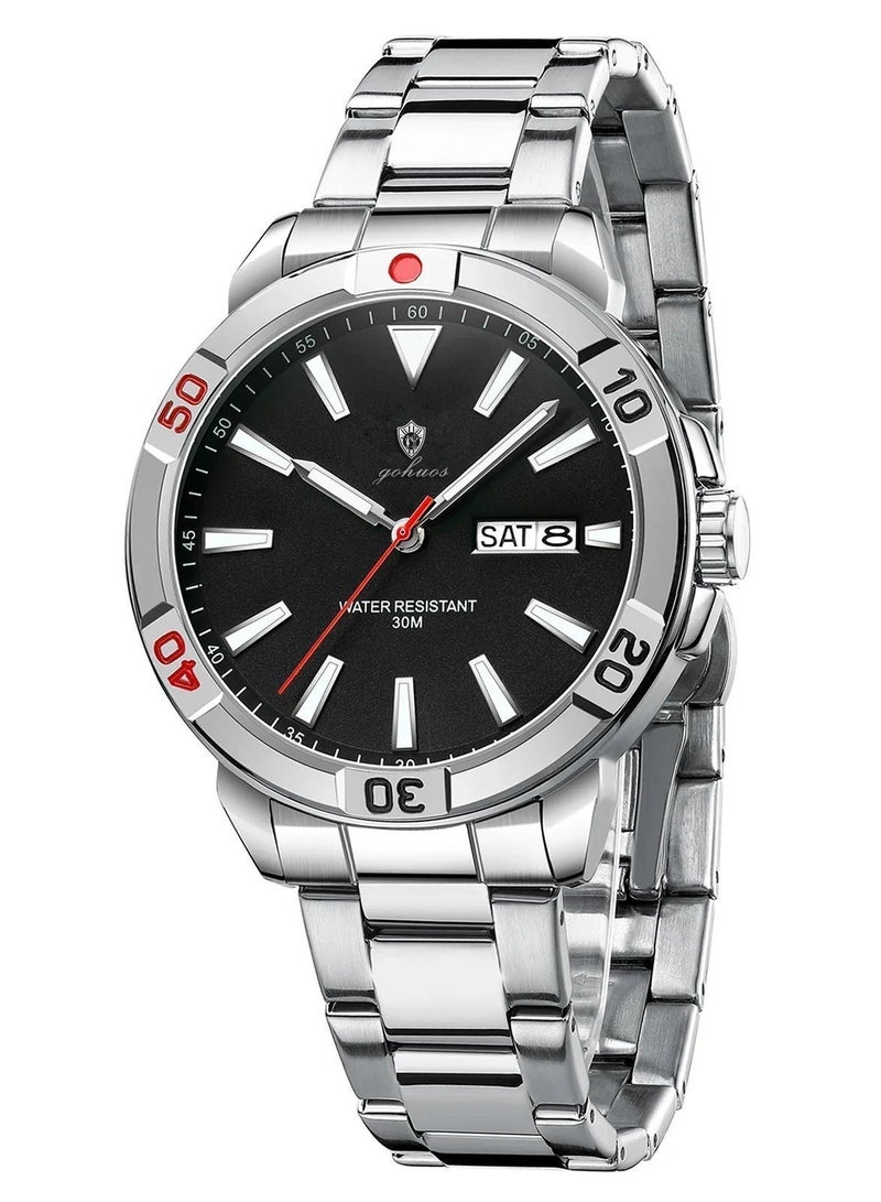 جوهوس ساعة كوارتز رجالية، ساعة يد كلاسيكية فاخرة من ماركة رائدة، مصنوعة من الفولاذ المقاوم للصدأ، مزودة بشريط، تعرض التاريخ واليوم، مضيئة، مقاومة للماء - 43 مم - هدية للأب أو الصديق - Image 3