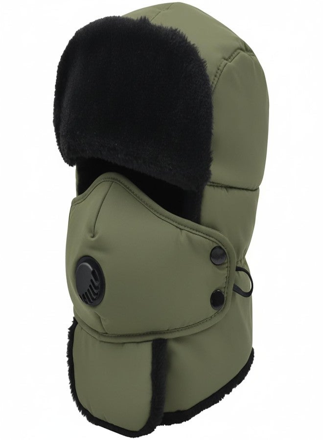 Winter Trapper Hat for Men & Women, Trooper Hunting Russian Fur Hat with Ear Flap & Mask Aviator Ushanka for Cold Weather (Army Green)