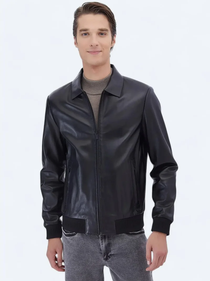 كيب معطف جلد غنم أسود أنيق وعصري بياقة دائرية وقصة عادية