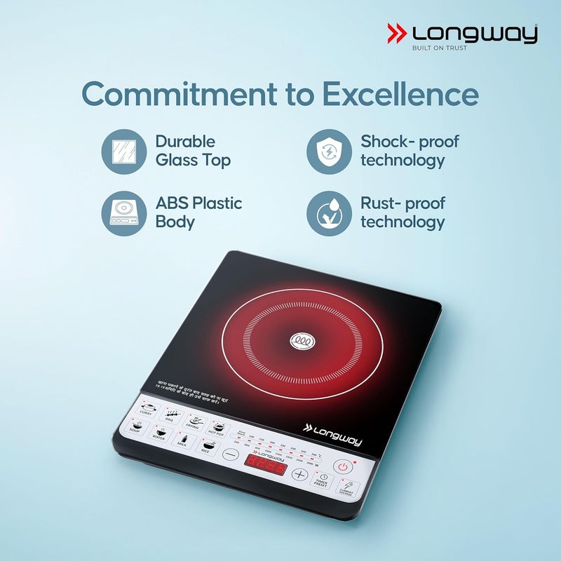 LONGWAY طباخ كهربائي كوك برو IC 2000 واط مع إيقاف تلقائي وحماية من الحرارة الزائدة مع 8 أوضاع طهي ومعتمد من BIS | ضمان لمدة 2 سنوات (أسود، زر ضغط) - Image 3