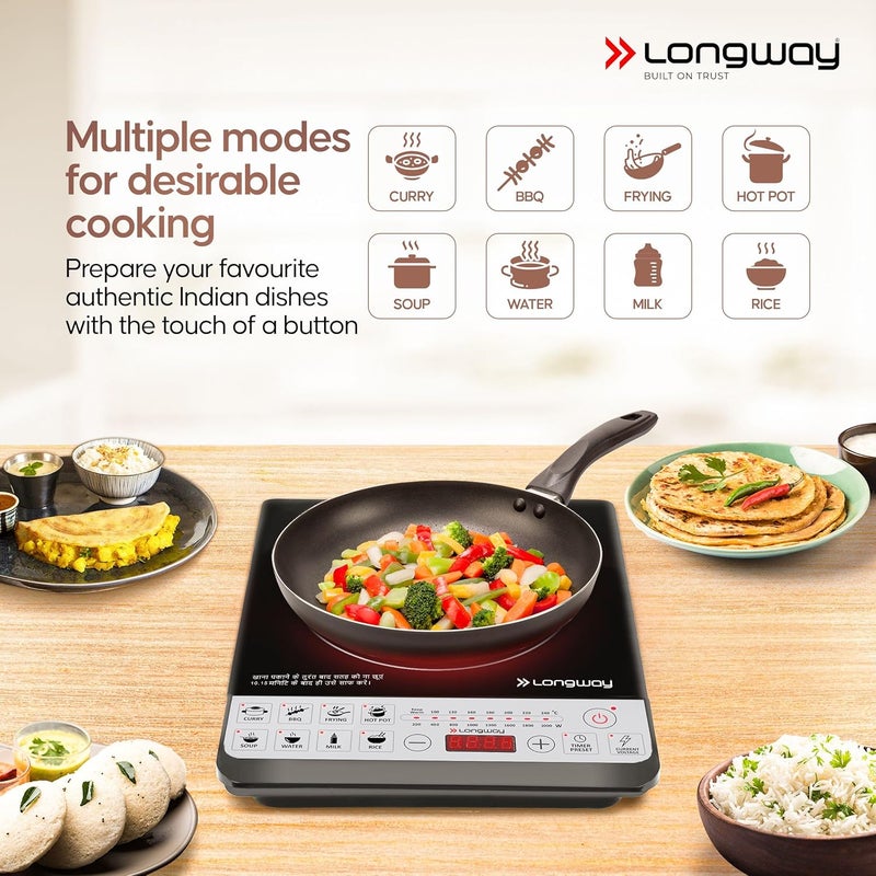 LONGWAY طباخ كهربائي كوك برو IC 2000 واط مع إيقاف تلقائي وحماية من الحرارة الزائدة مع 8 أوضاع طهي ومعتمد من BIS | ضمان لمدة 2 سنوات (أسود، زر ضغط) - Image 4
