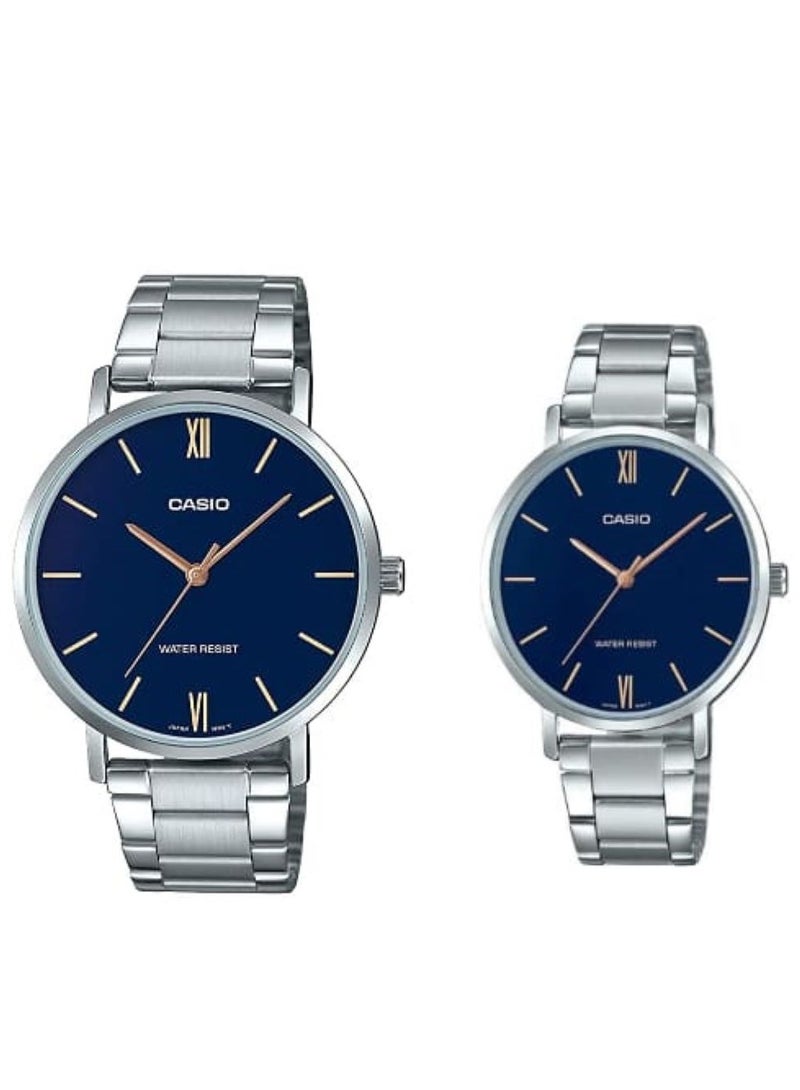 CASIO ساعة كاسيو أنالوج من الستانلس ستيل بمينا زرقاء MTP/LTP-VT01D-2B - Image 1