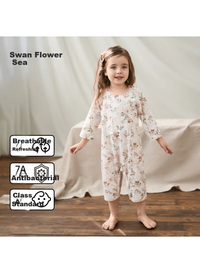 Ouyun Children's Summer Pajamas, Thin Pure Cotton Baby Home Wear Onesie Air Conditioning Suit, Lime Green, Size 90 - Image 1