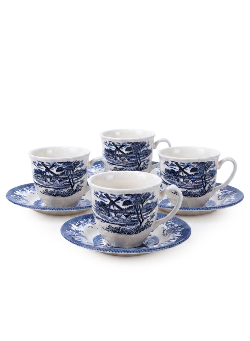 Claytan Earthenware Classic Blue Windmill Countryside Landscape Tea Cup & Saucer Set, 200ml, White (Set of 4) | Premium Tea & Coffee Cups with Matching Saucers | Vintage Drinkware for Home, Office - Image 1