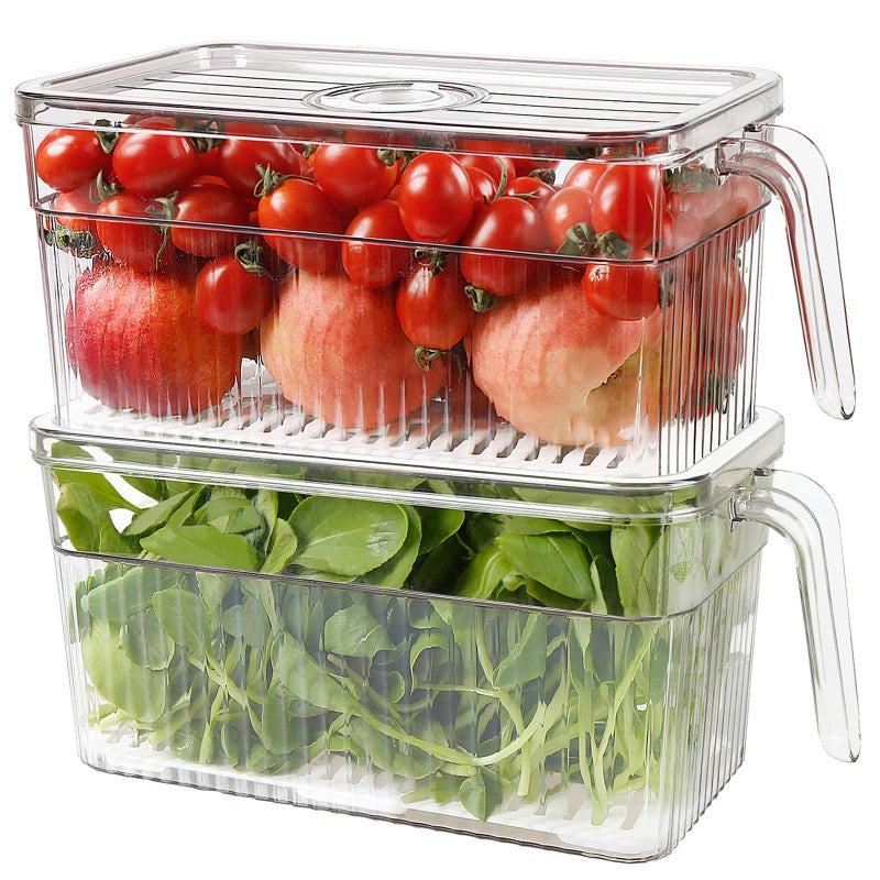 Loobuu 2 Pack Plastic Food Storage Produce Containers for Fridge Stackable Lettuce Keeper for Refrigerator with Removable Drain Tray Keep Fresh for VegetablesFruitBerrySalad 10 x 53 x 52