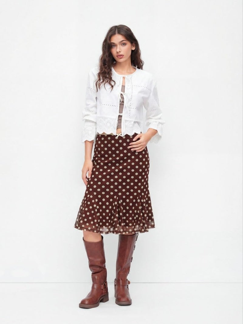 CIDER Womens Polka Dot Midi Skirt Vintage Bowknot Sheer Mesh Ruffle Hem Retro Fashion Going Out Casual Skirt Trendy Coffee - Image 2