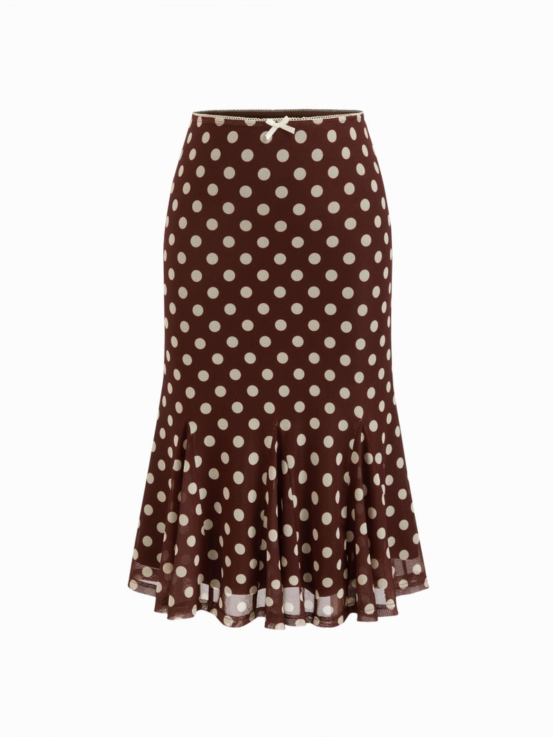 CIDER Womens Polka Dot Midi Skirt Vintage Bowknot Sheer Mesh Ruffle Hem Retro Fashion Going Out Casual Skirt Trendy Coffee - Image 1
