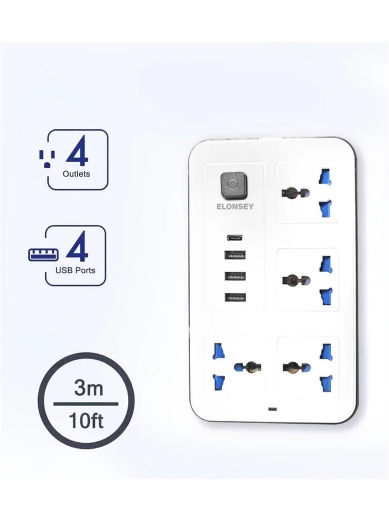 شريط طاقة بسلك تمديد بطول 3 أمتار مزود بـ 4 مقابس عالمية ومنفذي USB - Image 2
