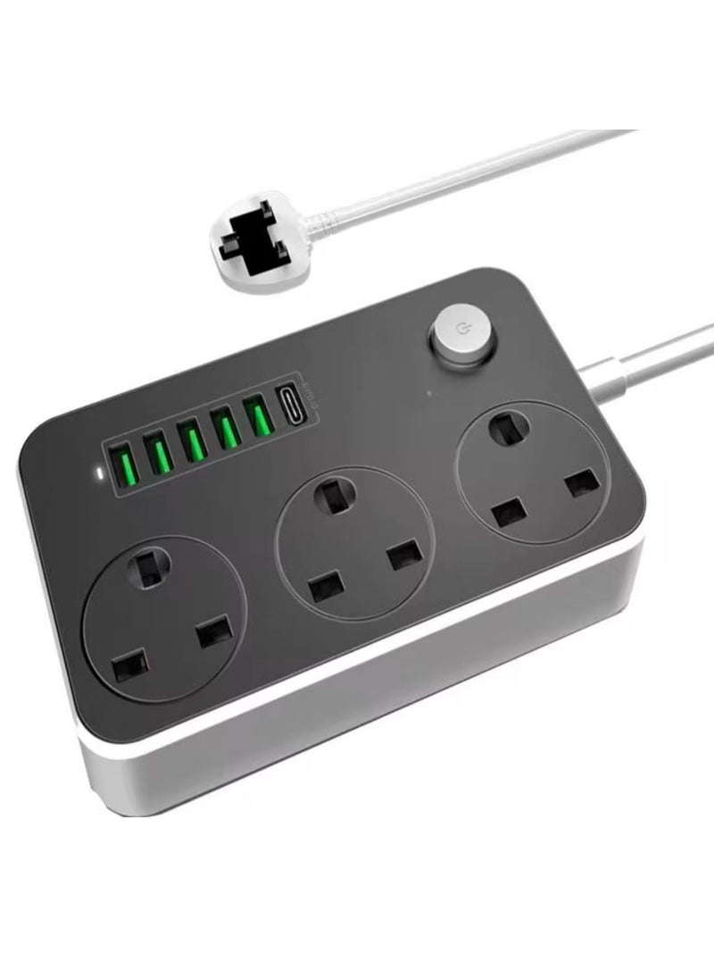 Generic Extension Cord Electricity Connection 5m 3 Power Sockets 5 USB 1 Type-C Compatible With All Devices (Black/White)  - Image 1