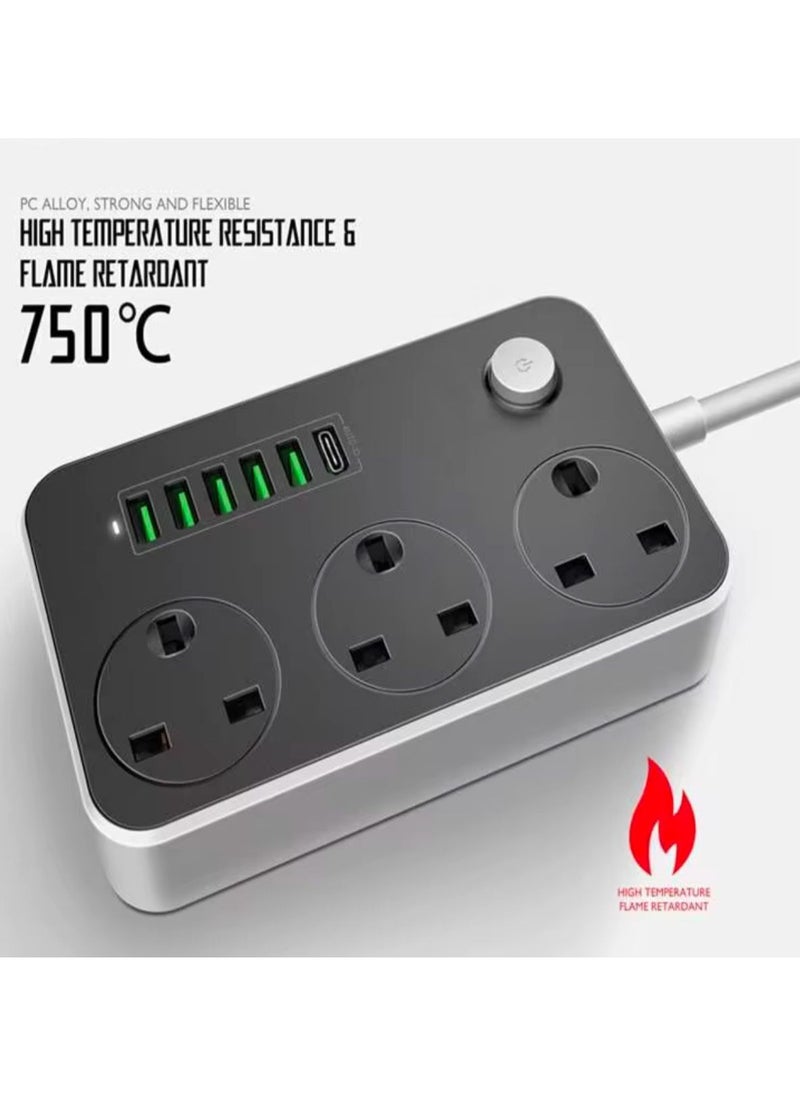 Generic Extension Cord Electricity Connection 5m 3 Power Sockets 5 USB 1 Type-C Compatible With All Devices (Black/White)  - Image 2