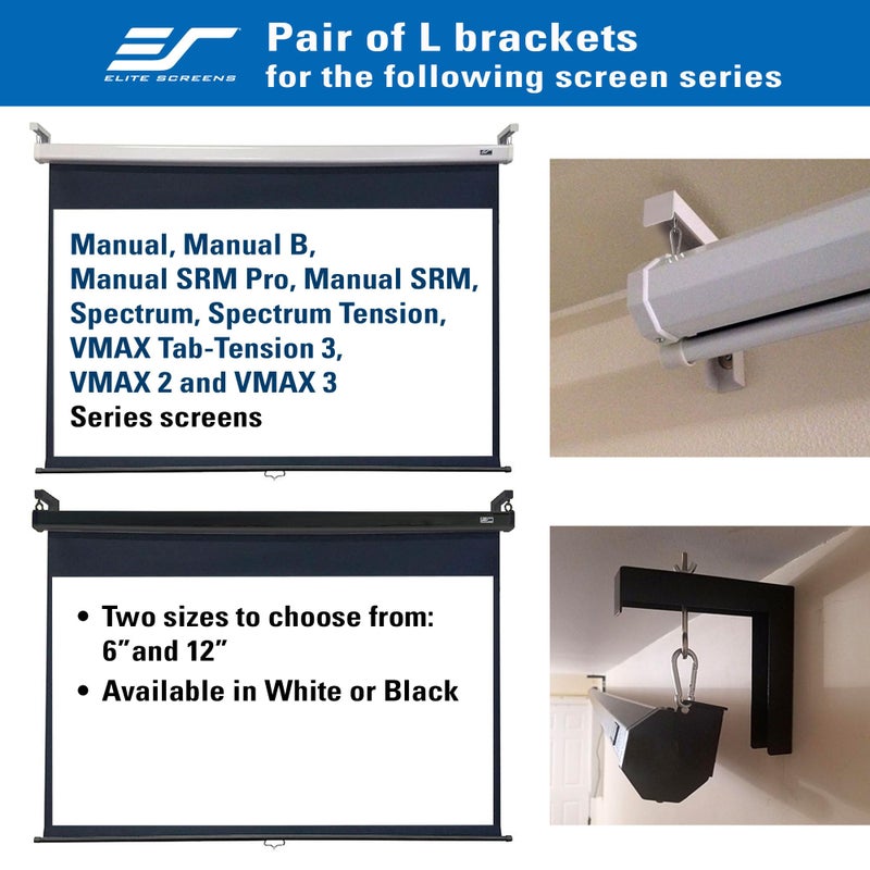 Elite Screens شاشة بروجكتور إليت سكرين 6 بوصة سوداء مع حوامل على شكل حرف L، هيكل معدني ملحوم مفرد، تركيب على الحائط أو السقف - يشمل الخطافات والأدوات، الطراز: ZVMAXLB6-B - Image 2