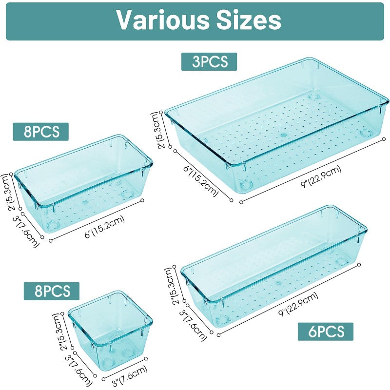 WOWBOX 25 PCS Plastic Drawer Organizer Set, 4 Sizes Desk Drawer Divider Organizers and Storage Bins for Makeup, Jewelry, Gadgets for Kitchen, Bedroom, Bathroom, Office, Sea Blue - Image 2
