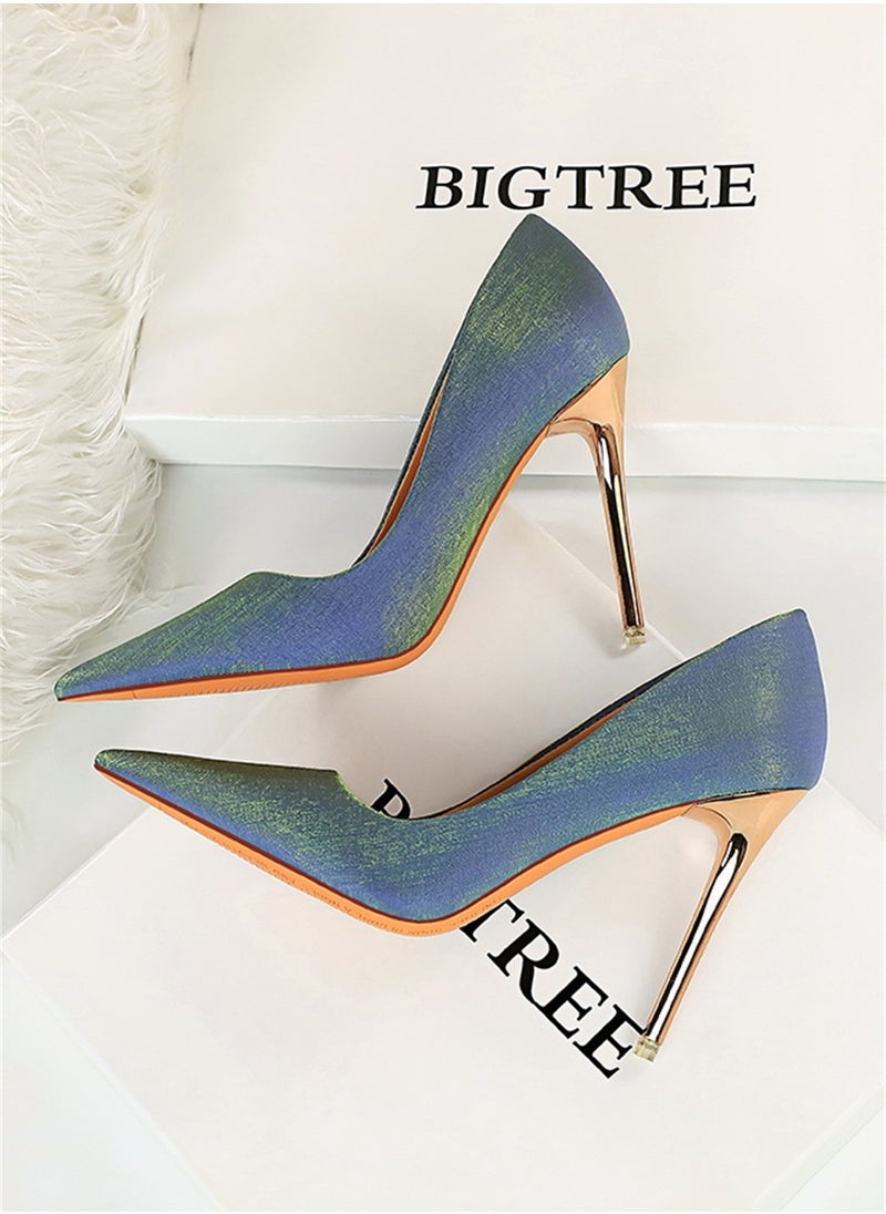BIGTREE 10.5cm European And American Fine Satin Shallow Mouth Pointed High Heels Women's Single Shoes Blue  - Image 2