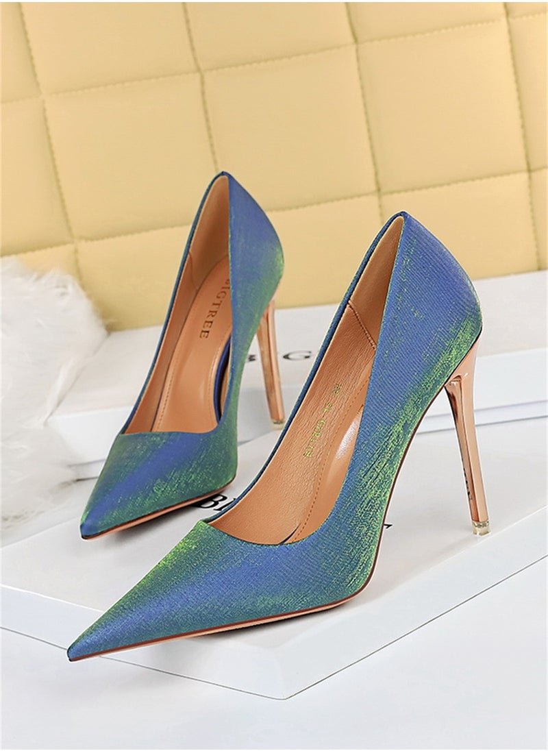 BIGTREE 10.5cm European And American Fine Satin Shallow Mouth Pointed High Heels Women's Single Shoes Blue  - Image 1
