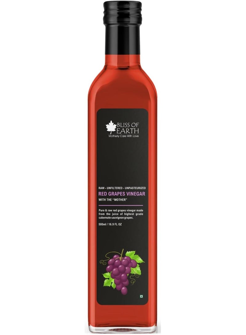 BLISS OF EARTH Red Wine Vinegar 500ml With Mother,  Unfiltered Red Grapes Vinegar For Cooking, Salad Dressings and Marinating Fish or Grilled Vegetables - Image 1