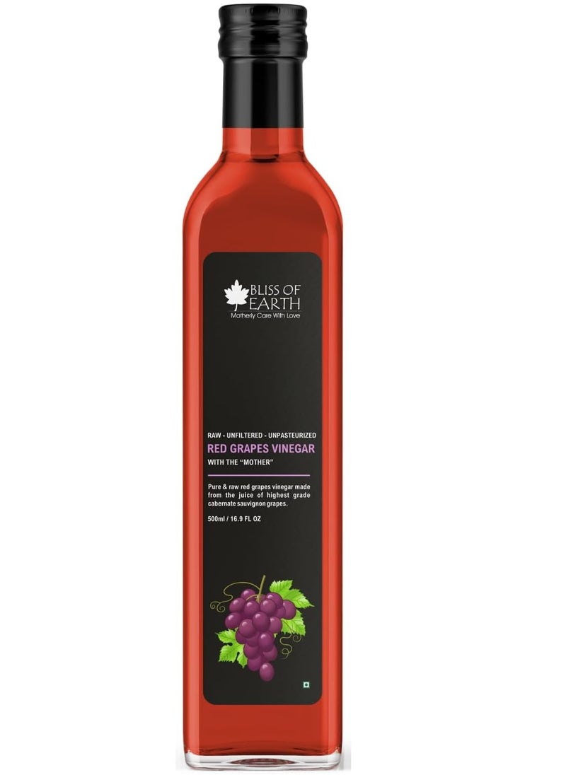 BLISS OF EARTH Bliss of Earth Raw Red Wine Vinegar With Mother, Unfiltered Red Grapes Vinegar For Cooking, Salad Dressings and Marinating Fresh or Grilled Vegetables, 500ml  - Image 1