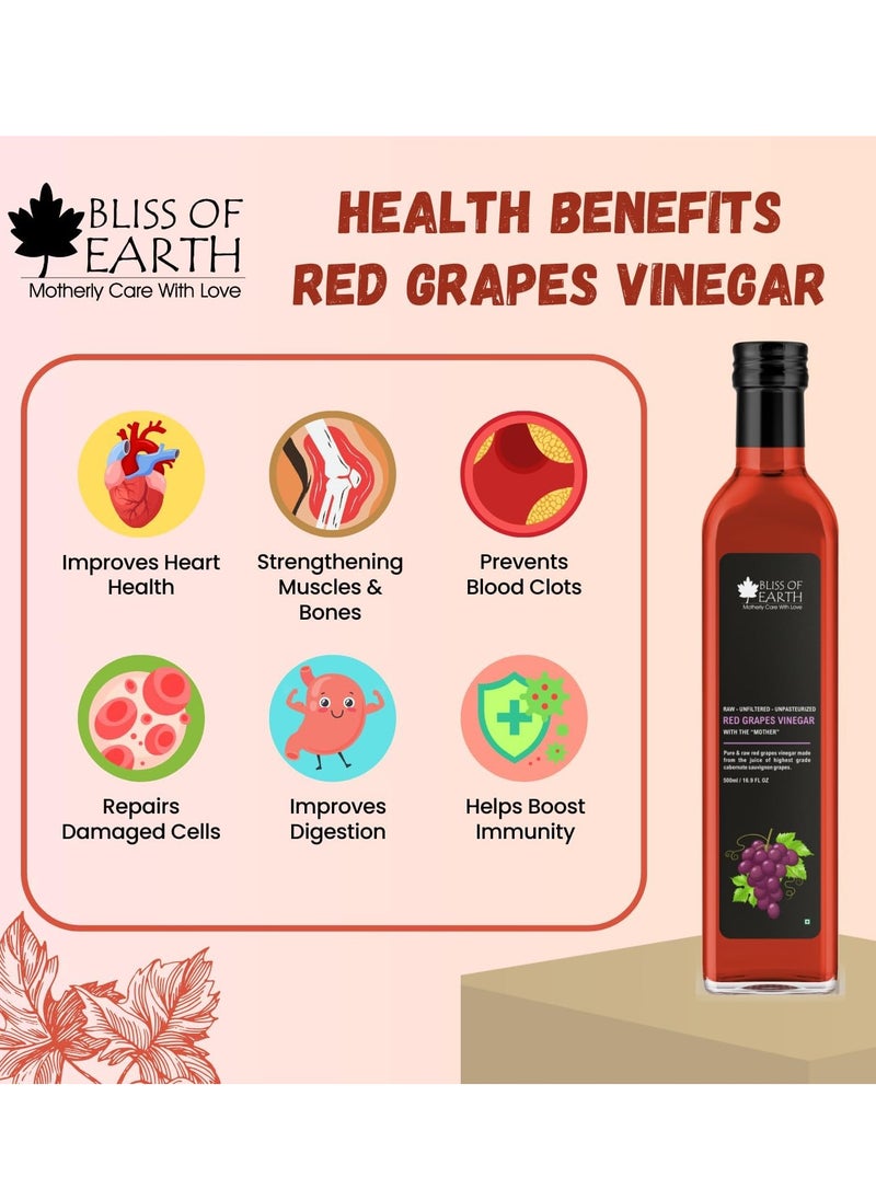 BLISS OF EARTH Bliss of Earth Raw Red Wine Vinegar With Mother, Unfiltered Red Grapes Vinegar For Cooking, Salad Dressings and Marinating Fresh or Grilled Vegetables, 500ml  - Image 3