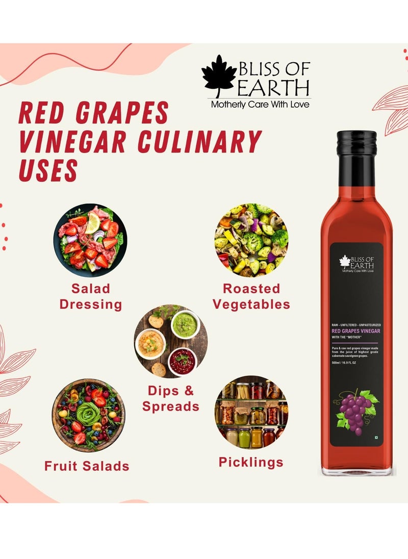 BLISS OF EARTH Bliss of Earth Raw Red Wine Vinegar With Mother, Unfiltered Red Grapes Vinegar For Cooking, Salad Dressings and Marinating Fresh or Grilled Vegetables, 500ml  - Image 5