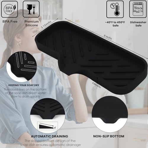 YASMEN Silicone Bathroom Soap Dishes, Sponge Holder for Kitchen Sink, Shower Soap Holder with Drain, Soap Dispenser Tray, Soap Dish for Bottle, Cup, Sink or Counter Organizer - Black 9" x 3.15" - Image 2