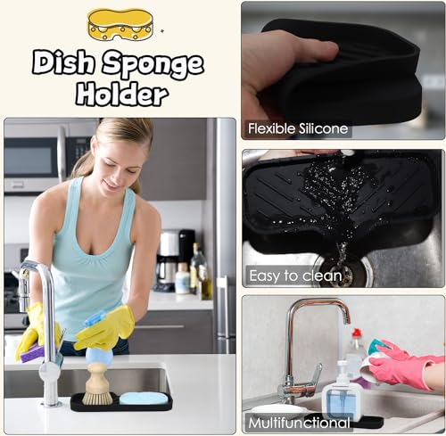 YASMEN Silicone Bathroom Soap Dishes, Sponge Holder for Kitchen Sink, Shower Soap Holder with Drain, Soap Dispenser Tray, Soap Dish for Bottle, Cup, Sink or Counter Organizer - Black 9" x 3.15" - Image 4