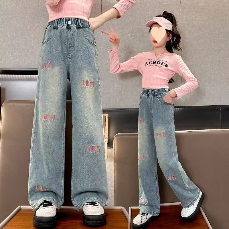 Girls' Jeans 2025 New Arrival Girls' Korean Style Wide Leg Pants Mid-Big Children'S Western Style Loose Casual Straight Leg Pants - Image 5