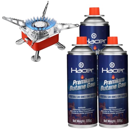 Hacer Portable Camping Gas Stove for Travel with Butane Gas Cylinder, Foldable Furnace & Refill Canister Kit, Lightweight Gas Burner for Hiking & Emergency Cooking Use (3 Gas Refill + 1 Stove) - Image 1