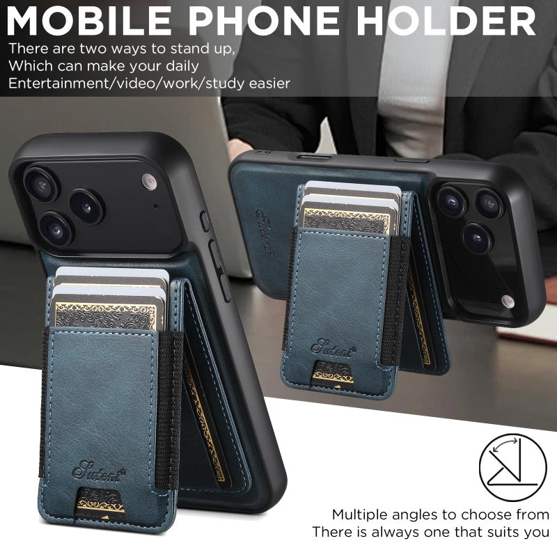 Suteni For Iphone 17 Pro Max H17 Oil Eax Leather Magsafe Detachable Wallet Phone Case(Blue) - Image 3