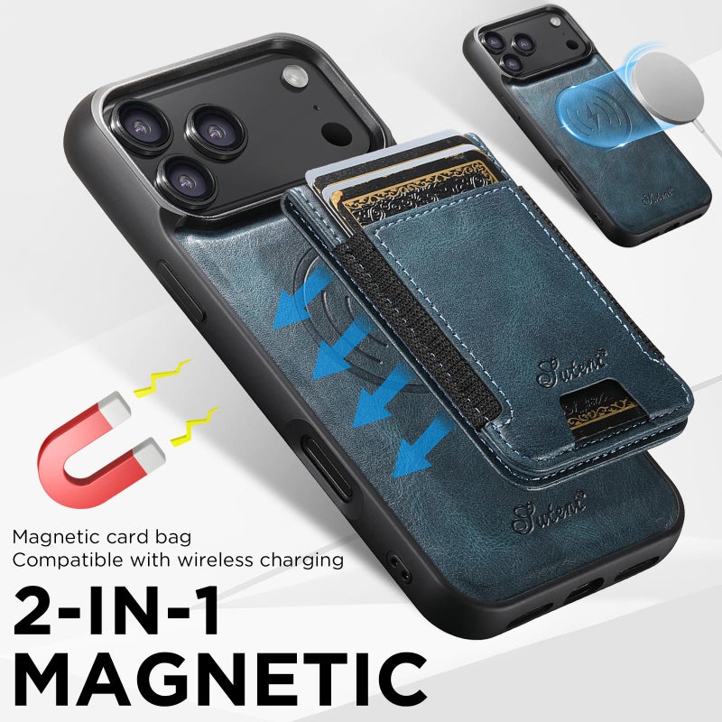 Suteni For Iphone 17 Pro Max H17 Oil Eax Leather Magsafe Detachable Wallet Phone Case(Blue) - Image 5